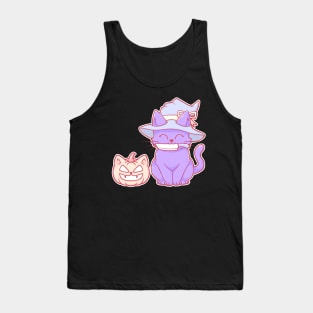 Cute Pastel Halloween Kawaii Cat Pumpkin With Knife and Witch Hat Tank Top